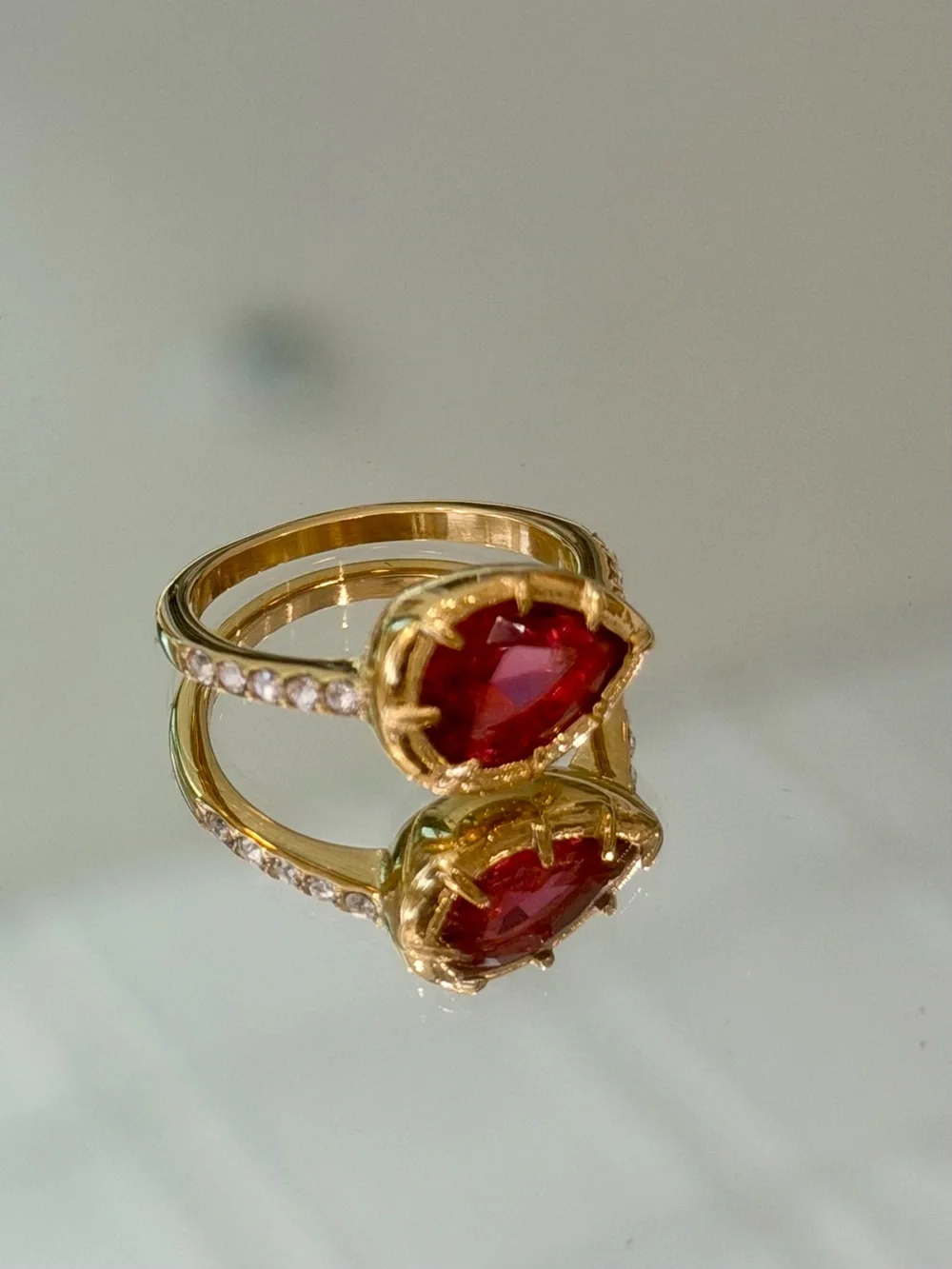 New Rubellite-Inspired In Gold Tone Pear Cut Pink Tourmaline CZ Ring in 7